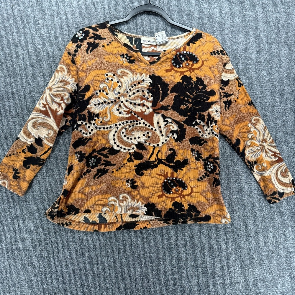 White Stag Top Womens XL Brown Black Paisley Sequins Ribbed Fitted Hippie Boho